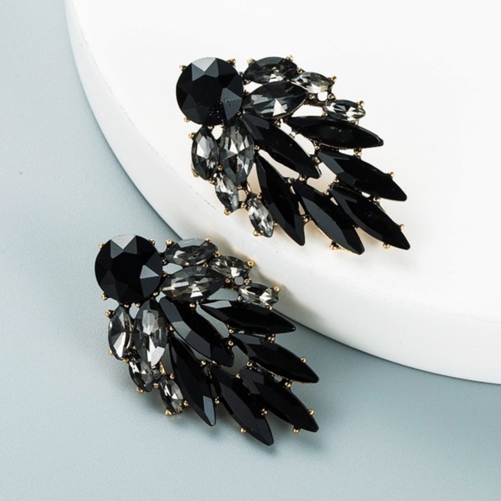 Black crystal leaf earrings